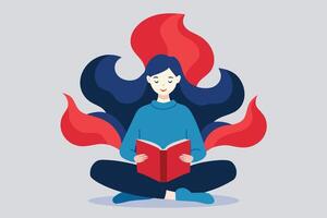 sereno mujer leyendo libro en loto posición con rojo y azul olas diseño vector