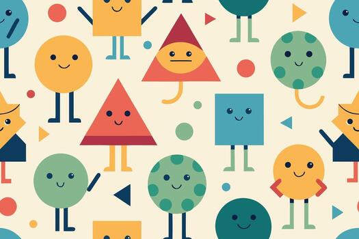 Seamless Pattern Featuring Cute Geometric Characters Circles, Squares, Triangles, Stars, on Light Beige Background vector