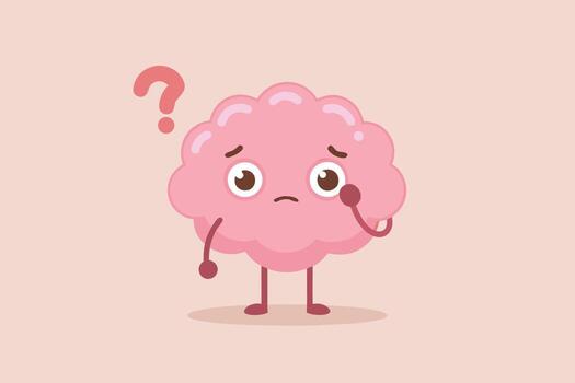 Cartoon Pink Brain Character Looking Confused with a Question Mark on a Peach Background vector