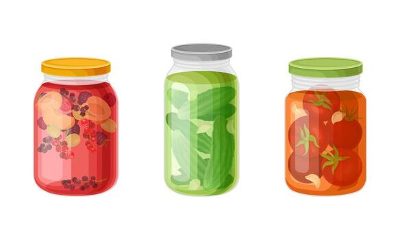 Three jars with different vegetables and fruit in them vector