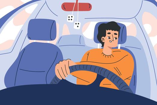 A man driving a car with dice on the dashboard vector