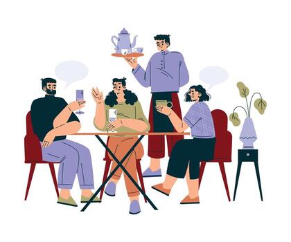 A group of people sitting at a table with drinks vector