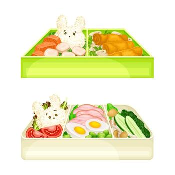 A set of two bento boxes with food inside vector