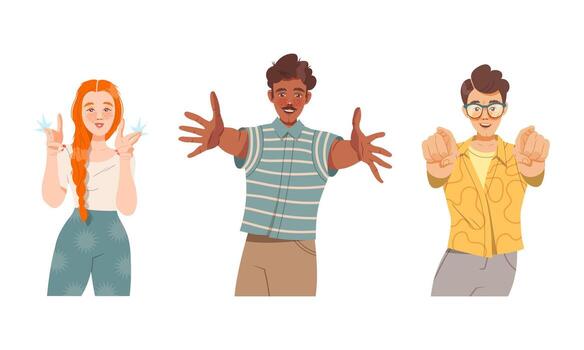 Tres personas con diferente gestos en un blanco antecedentes vector