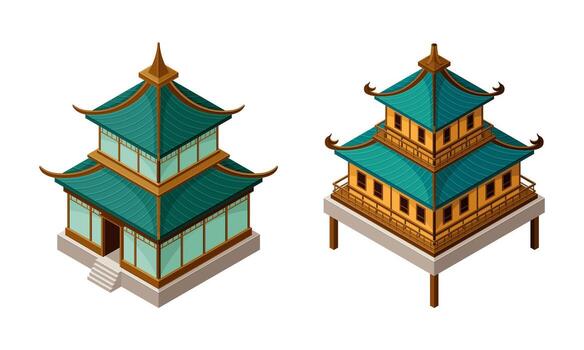 Pagoda as Tiered Tower with Multiple Eaves as Asian Architecture Isometric Set vector