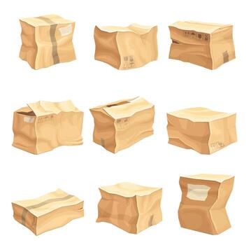 Crumpled Cardboard Box with Corrugated Sides as Packaging and Shipping Container Set vector