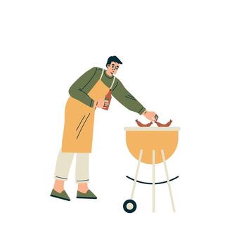 Man Character Stand in apron Frying Sausage Relaxing in Nature in the Park Have Barbecue Illustration vector