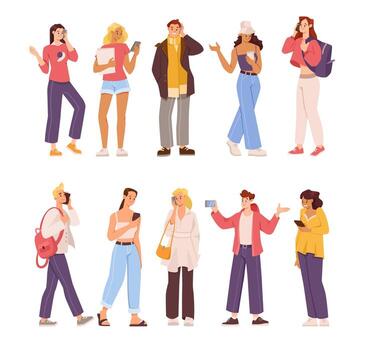 Man and Woman Character Talking Phone Speaking with Someone with Mobile Device Illustration Set vector