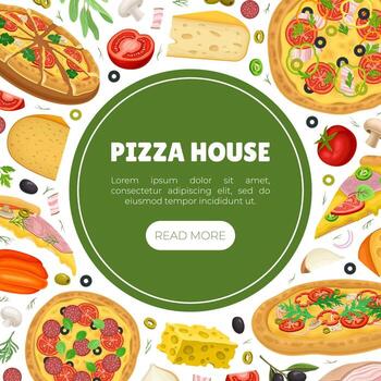 Pizza house banner with different types of pizza vector