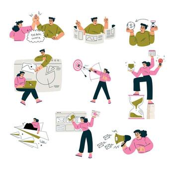 A set of illustrations depicting people doing various tasks vector