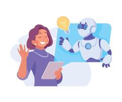 A woman holding a tablet with a robot on it vector