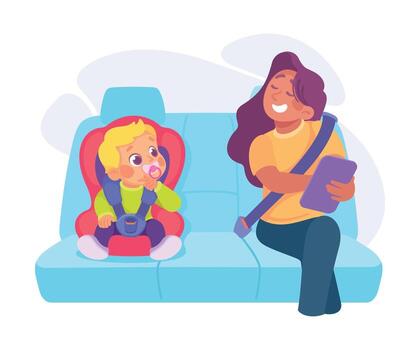 madre y niño sentado en coche asiento, madre es utilizando tableta computadora, niño es mirando a tableta vector