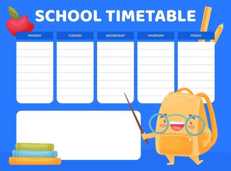 Timetable with Funny School Bag with Smiling Face Template vector