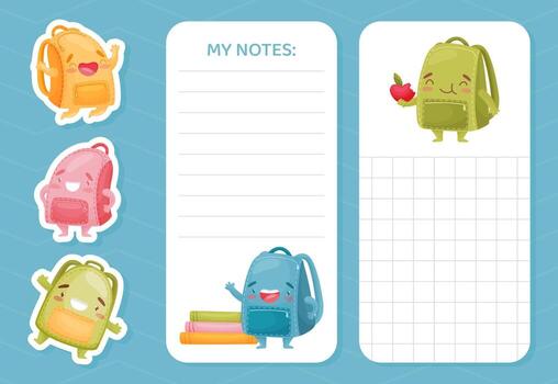 Backpack and notebook set with cute cartoon characters vector