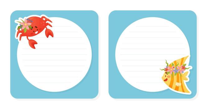 Two notepads with crab and fish on them vector