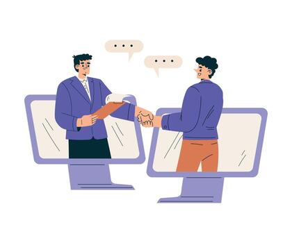 dos hombres sacudida manos en frente de un computadora pantalla vector
