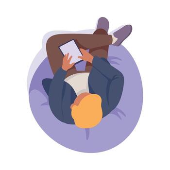 hombre sentado en un frijol bolso con un tableta computadora vector