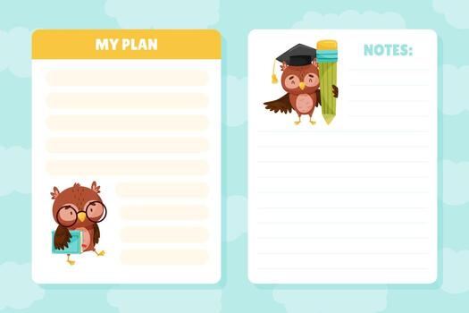 cuaderno con búho y lápiz vector