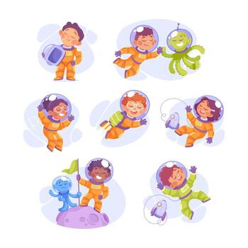 Kids Astronaut Character in Outer Space Exploring Universe Set vector