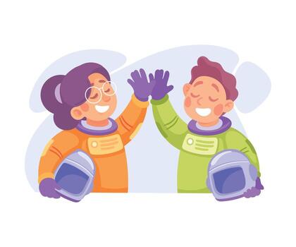 Boy and Girl Astronaut Character in Outer Space Exploring Universe Illustration vector