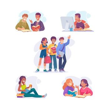 Man and Woman Student Character Prepare for Exam and Learn Lesson Illustration Set vector