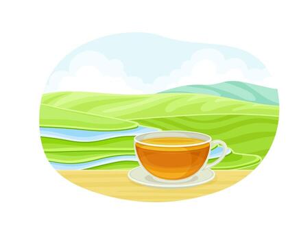 A cup of tea on a table with a view of a river and mountains vector