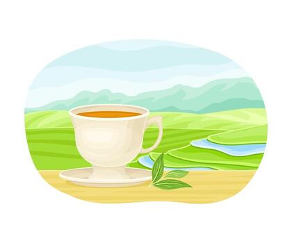 A cup of tea on a table with a view of the mountains vector