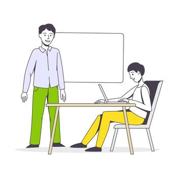 Two men are standing in front of a whiteboard vector