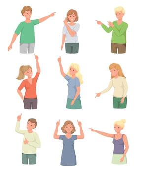 People Character Indicating Something Pointing with Index Finger as Hand Gesture Specifying Direction Set vector
