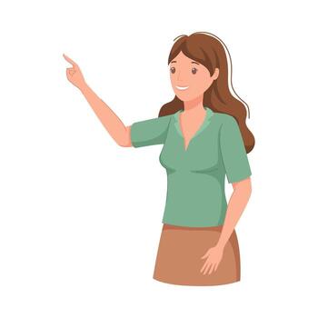 mujer personaje indicando alguna cosa señalando con índice dedo como mano gesto especificando dirección ilustración vector