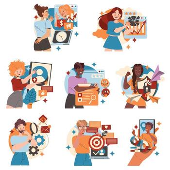 People Character Working with Information Analyzing and Browsing Data Illustration Set vector