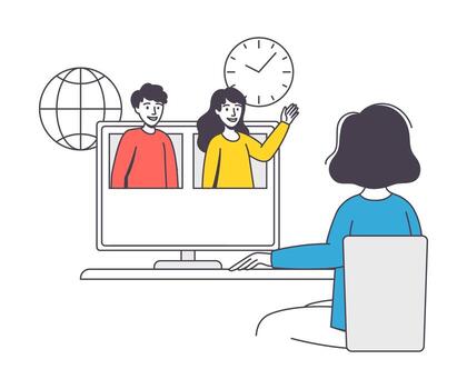 Online Learning with Woman Student Engaged in Virtual Classes Outline Sitting at Computer Screen Illustration vector