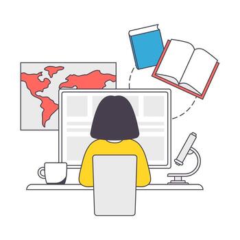 A woman is sitting at a desk with a computer and books vector