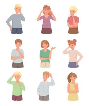 Pensive People Character Scratching Head Thinking and Considering Something Set vector