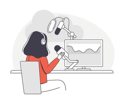 un mujer es sentado a un escritorio con un micrófono y computadora vector