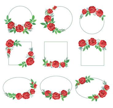 Rose Frame with Red Lush Bud and Green Leaves Arranged in Shape with Border Set vector