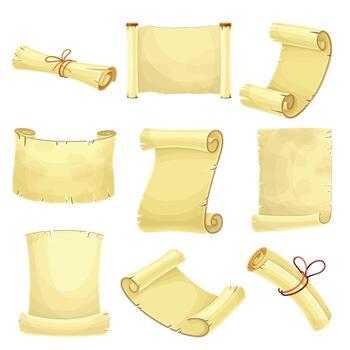 Old Scroll or Roll of Papyrus, Parchment or Paper Containing Writing Set vector