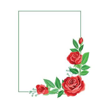 Rectangular Rose Frame with Red Lush Bud and Green Leaves Arranged in Shape with Border Illustration vector
