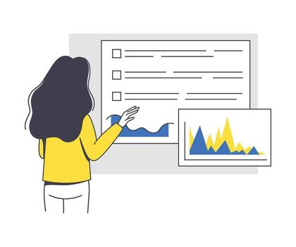 en línea conferencia con mujer demostración grafico presentación vía Internet plataforma contorno ilustración vector