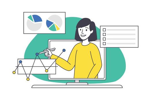 A woman is working on a computer with graphs and charts vector