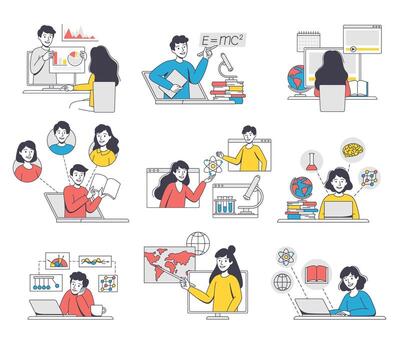 Online Learning with Man and Woman Student and Instructor Engaged in Virtual Classes Outline Set vector