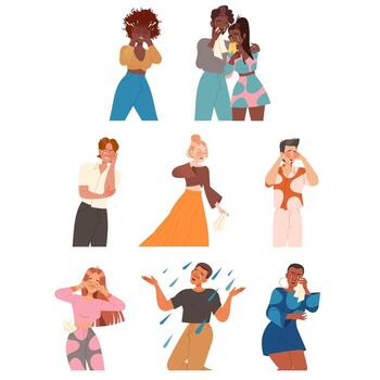 People Character Crying, Weeping and Sobbing from Sorrow and Grief Feeling Sad and Upset Set vector