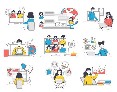 ilustración de personas trabajando en ordenadores y laptops vector