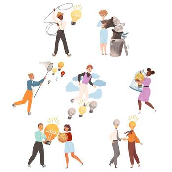 People Character and Light Bulbs Finding Smart Idea and Solution Set vector