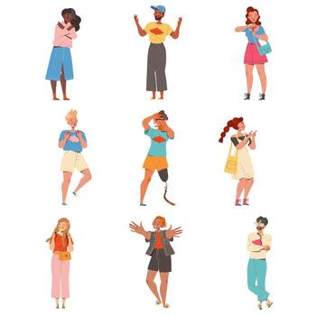 People Character Showing Different Hand Gesture Expressing Emotion with Body Language Set vector