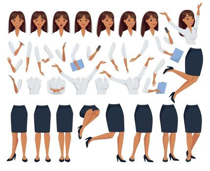 Office Woman Constructor and Creation Kit with Body Gesture and Face Emotion Set vector