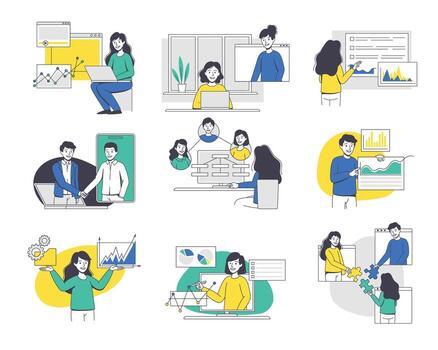 en línea conferencia con negocio personas haciendo presentación y demostración grafico contorno conjunto vector