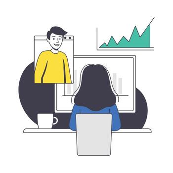 un mujer es sentado a un escritorio con un computadora pantalla y un hombre es en el pantalla vector