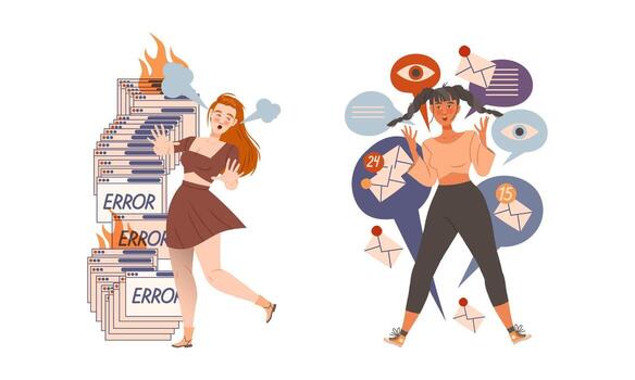 Information Stress with Woman Character Overload with Task and Work Set vector