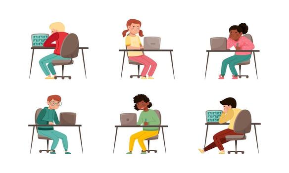 People sitting at a desk with laptops and computers vector